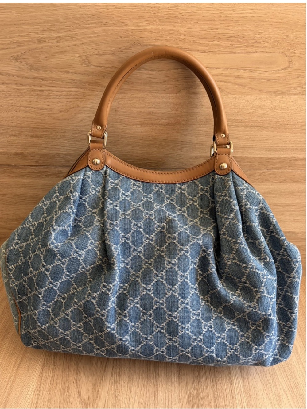 Authentic Gucci Sukey Handbag In Blue GG Monogram Denim